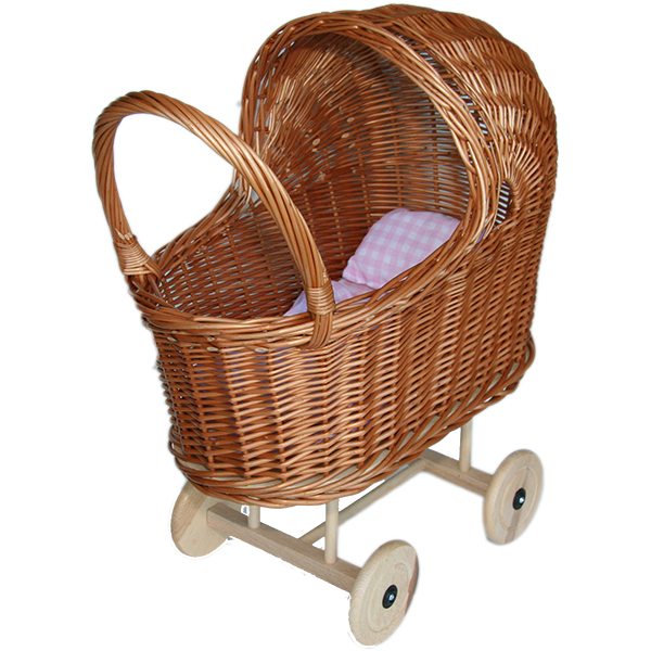 “Schattige rieten poppenwagen met leuke stof!”