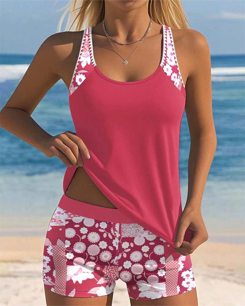 Bloemen Tankini met Verstelbare Bandjes en Comfortabele Shorts – Multicolor