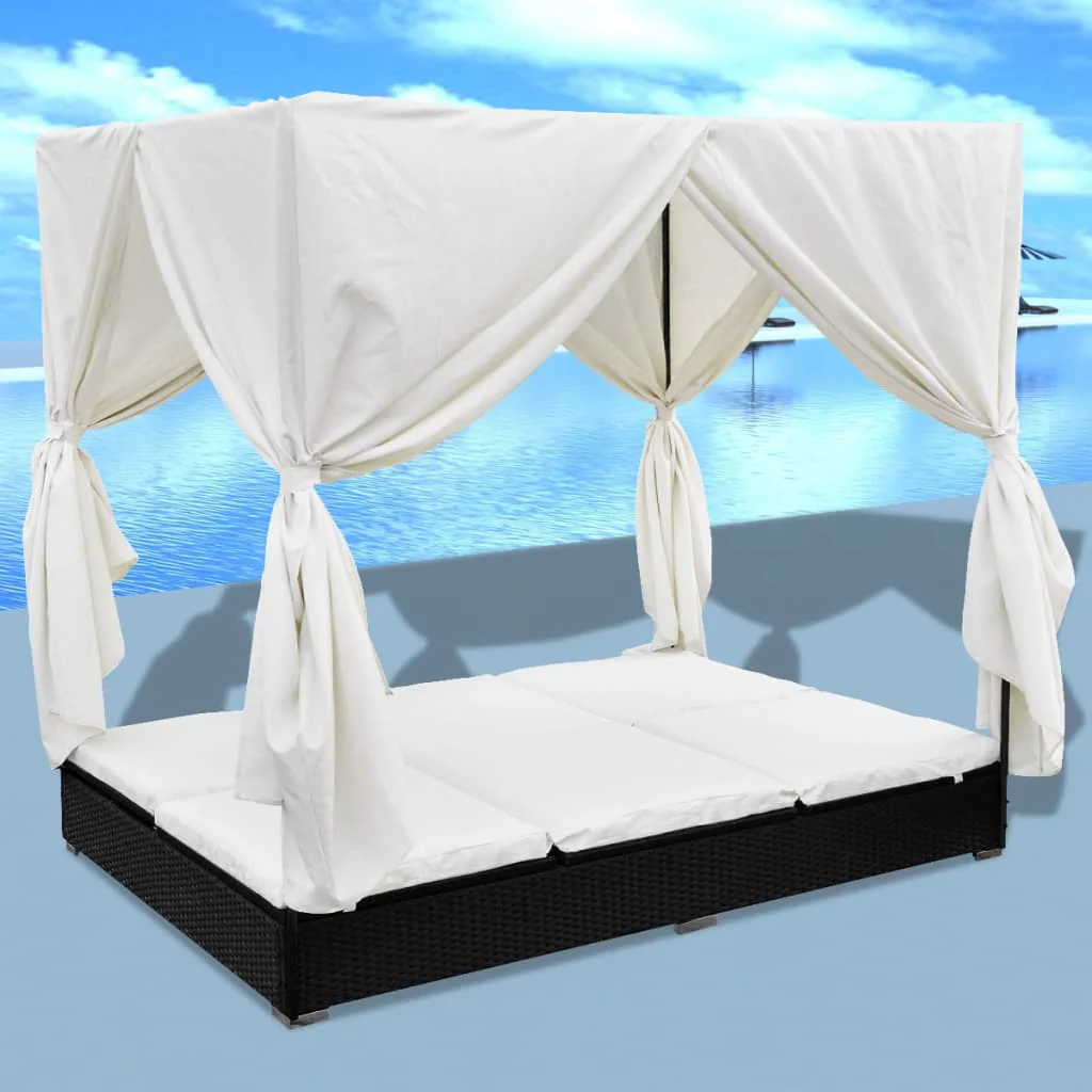 vidaXL Loungebed met gordijnen poly rattan bruin