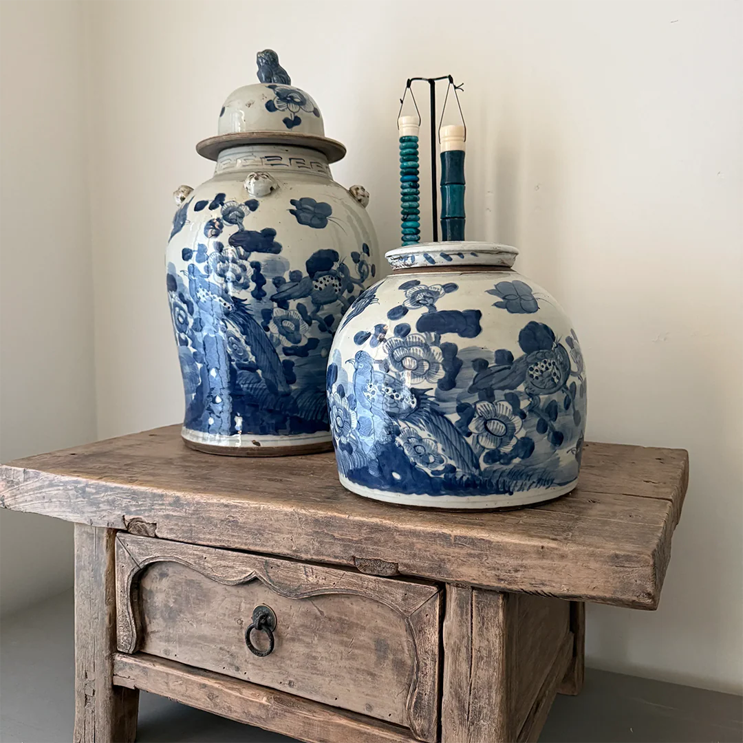 Antieke Chinese gember pot met deksel en oortjes