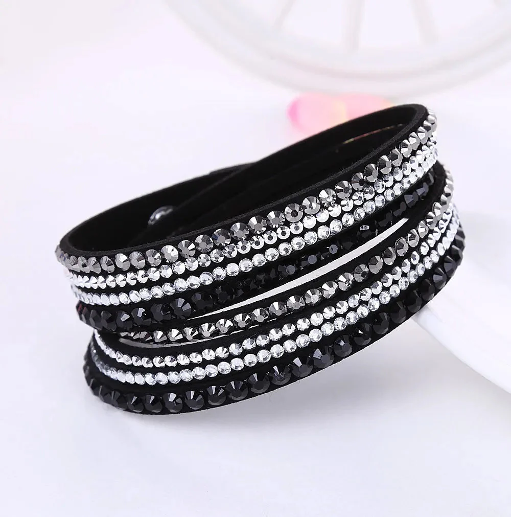 GlansWrap Wikkelarmband – Luxe Meerlaagse Leren Armband met Rhinestones