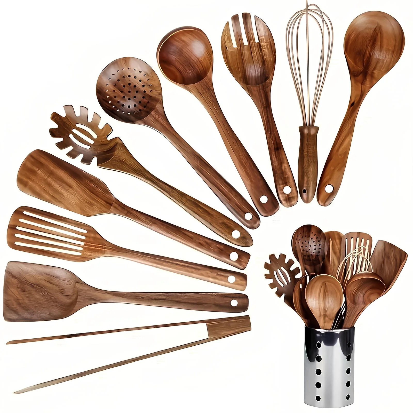 11-delige Keukengerei Set van Teakhout – Inclusief Houder – Natuurlijke Look voor de Keuken