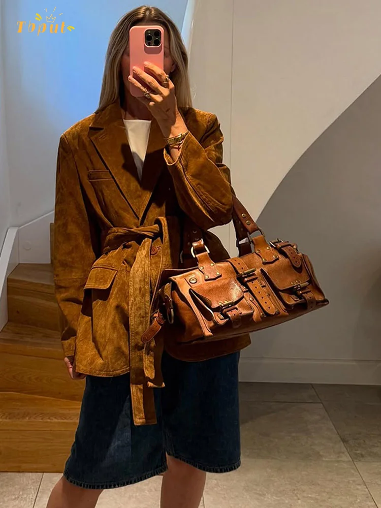 AutumnElegance Dames Suède Jas – Gecoat Model met Riem en Zakken - Afbeelding 2