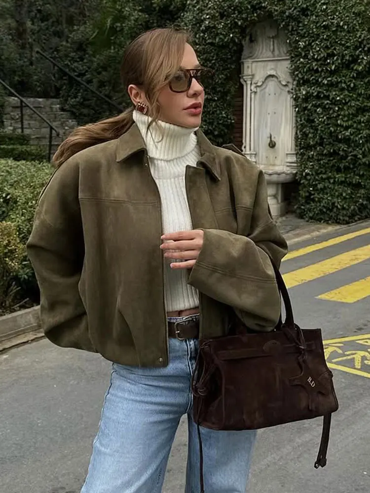 Suède Chic Dames Bomberjack – Bruin Groen Vintage Look - Afbeelding 2