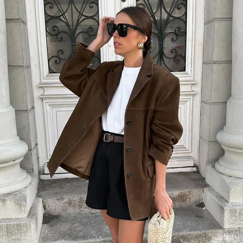Suède Elegance Dames Jas – Vintage Bruin Leren Demi-Seizoen Look - Afbeelding 2