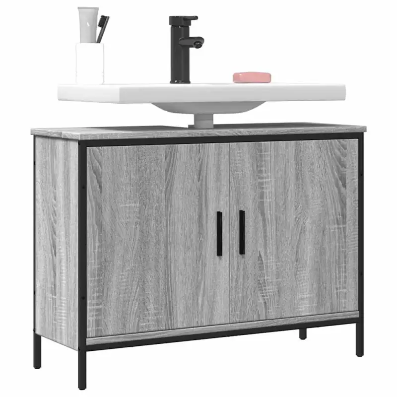 Badkamerkaptafel in grijs sonoma met bewerkt hout en stevige constructie