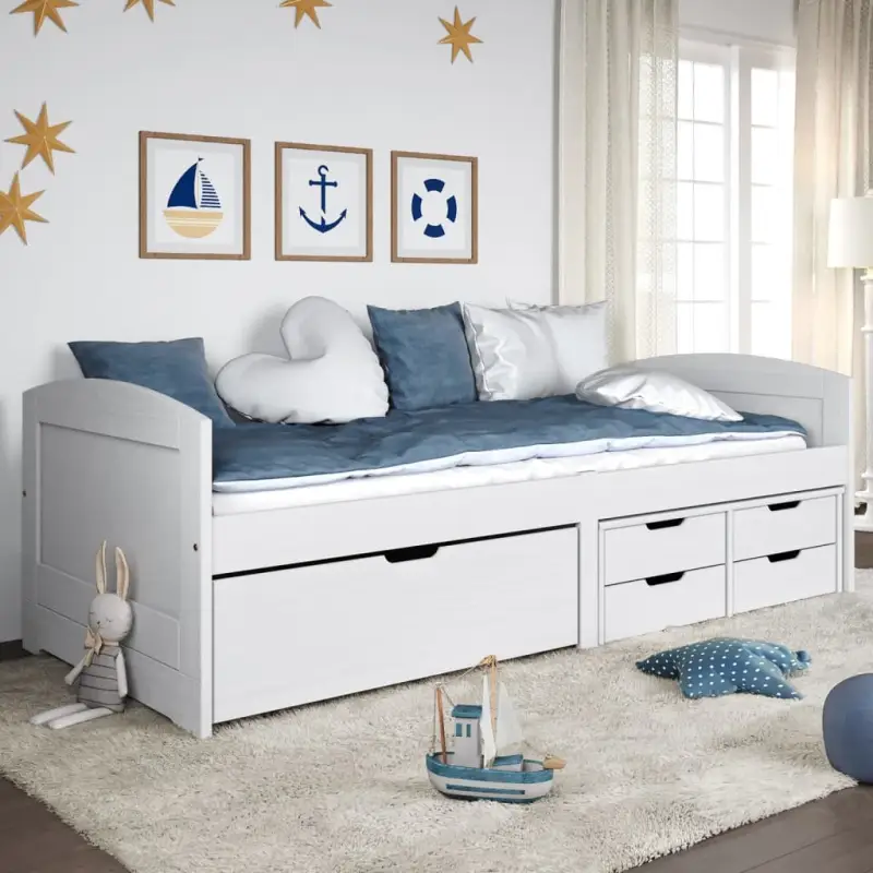 Bed met massief grenenhout en kleine lade voor slaap- en woonkamer