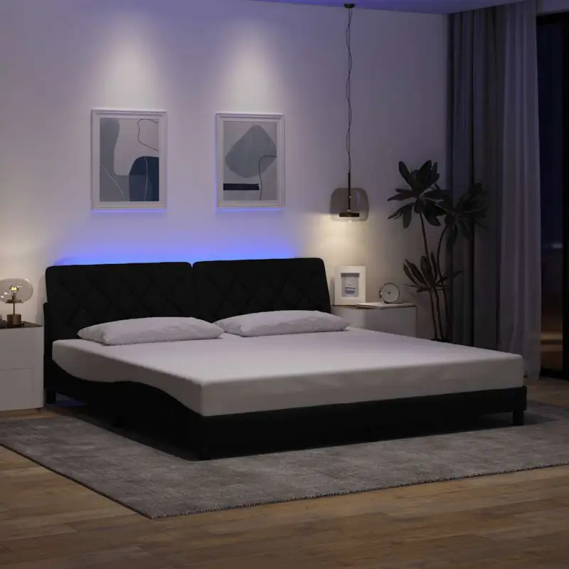 Bedframe met LED-verlichting en ademend vermogen in zwart materiaal