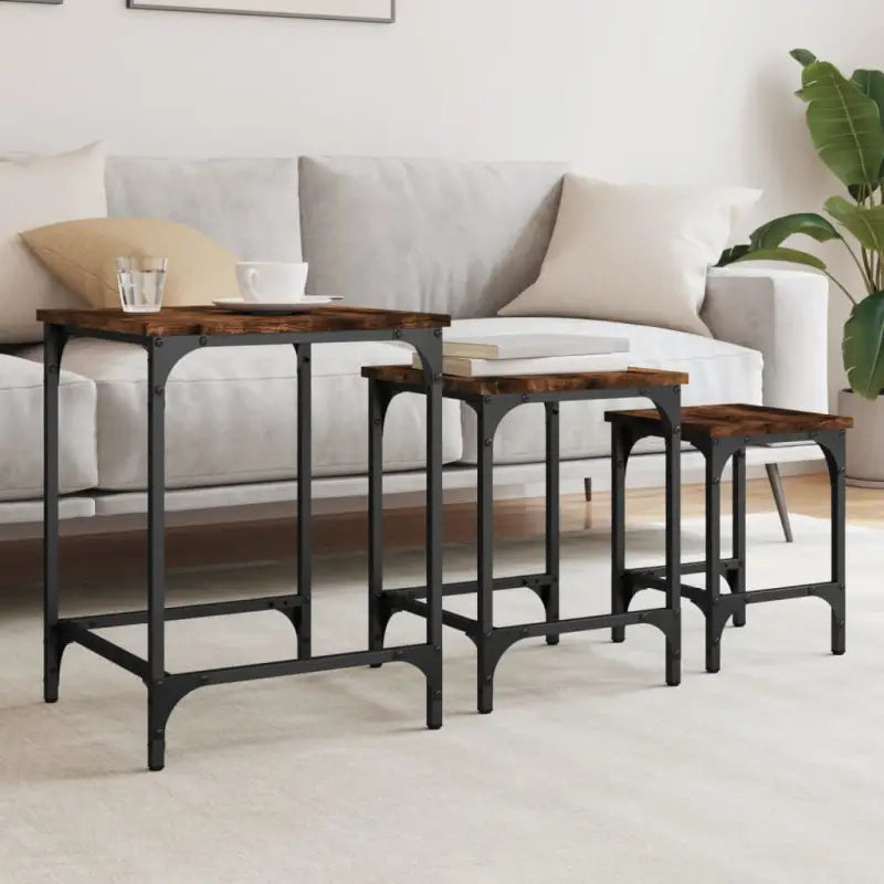 Bewerkt hout salontafelset met metalen frame voor kleine ruimtes