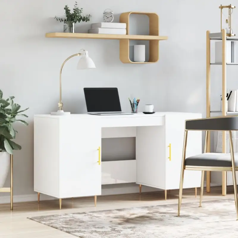 Bureau met hoogglans wit afwerking en bewerkt hout voor elegante werkruimte