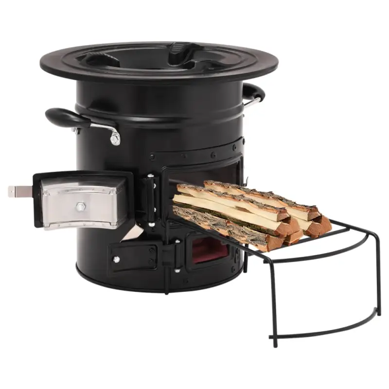 Camping houtkachel met uitschuifbare plank voor buiten koken en warmte