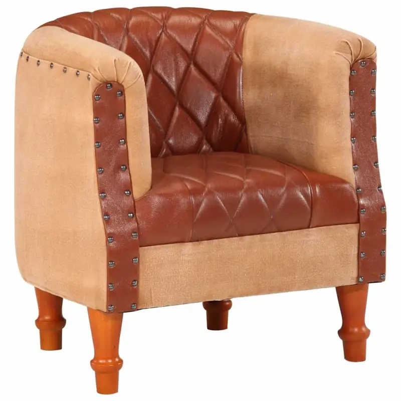 Comfortabele fauteuil met echt geitenleer en massief mangohout