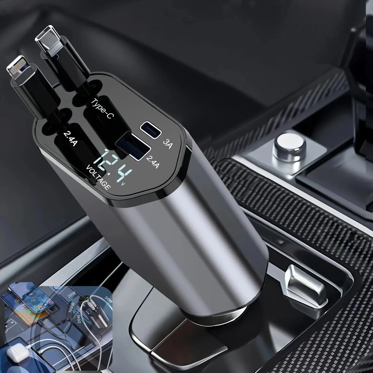 Inklapbare Autolader met USB-C en USB-A – 120W Snel Laden