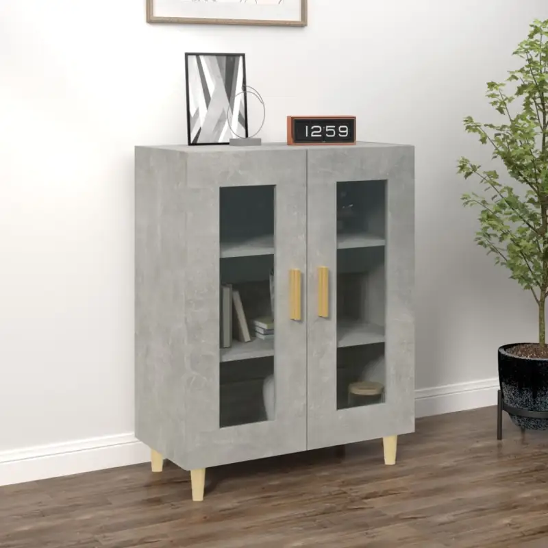 Dressoir met glazen deuren en stevig bewerkt hout voor minimale charme