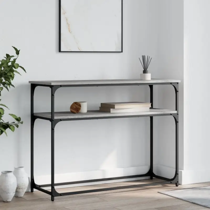 Eenvoudige wandtafel met bewerkt hout en metalen frame