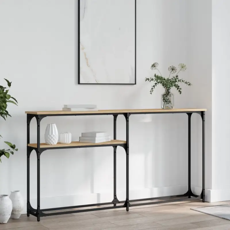 Eenzijdige wandtafel met bewerkt hout en metalen frame