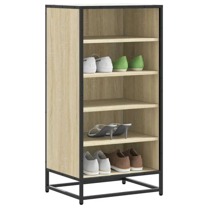 Elegant schoenenrek van bewerkt hout voor een opgeruimde ruimte