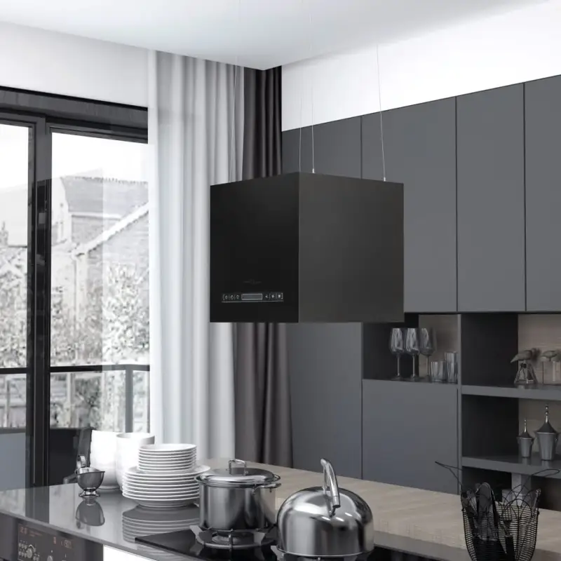 Geluidsarme hangende afzuigkap met wasbare aluminium vetfilter