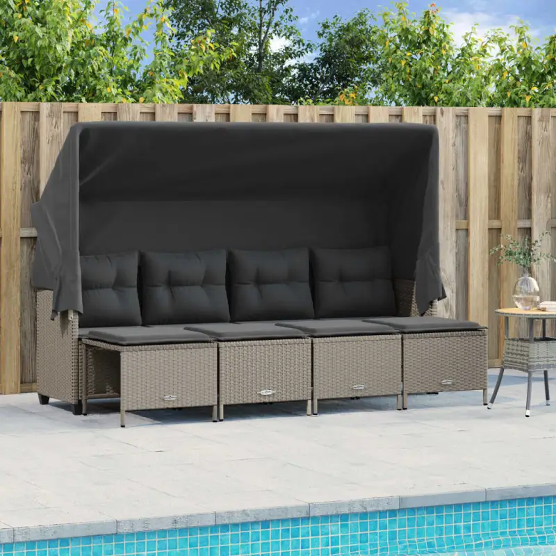 Gepoedercoat staal tuinset met poly rattan en uitschuifbare luifel