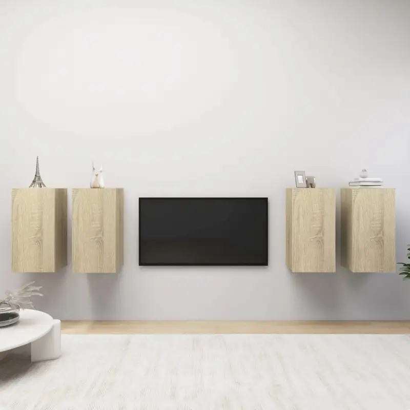 Hangende televisiekastenset van bewerkt hout voor een trendy woonkamer