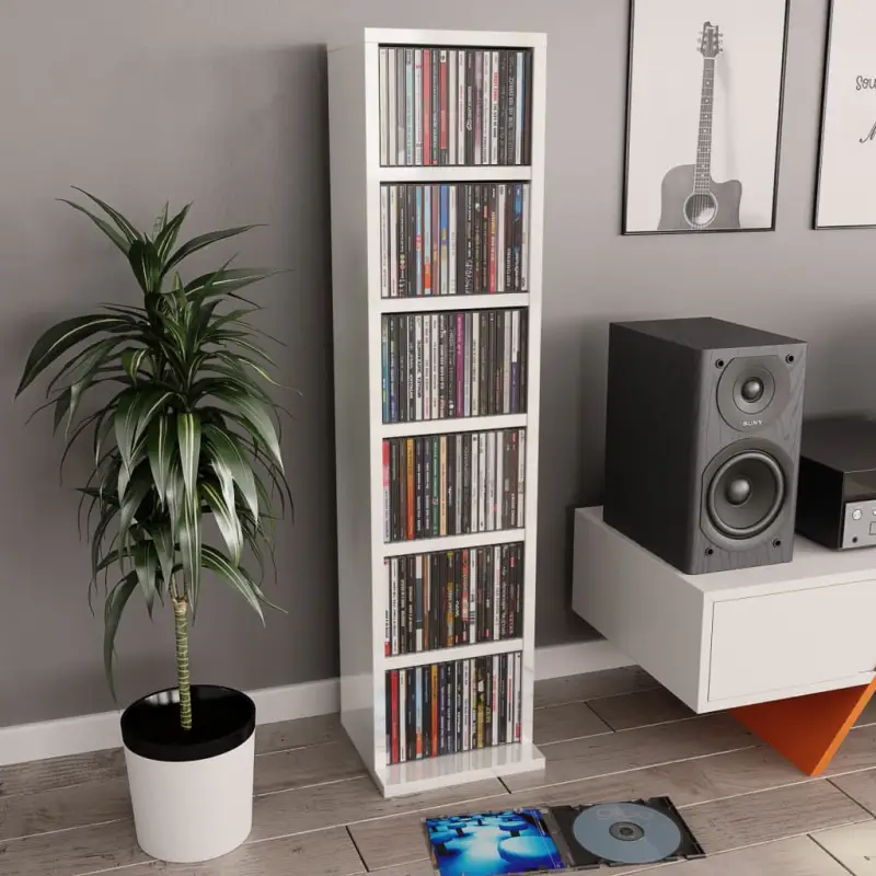 Hoogglans witte cd kast met bewerkt hout en open vakken
