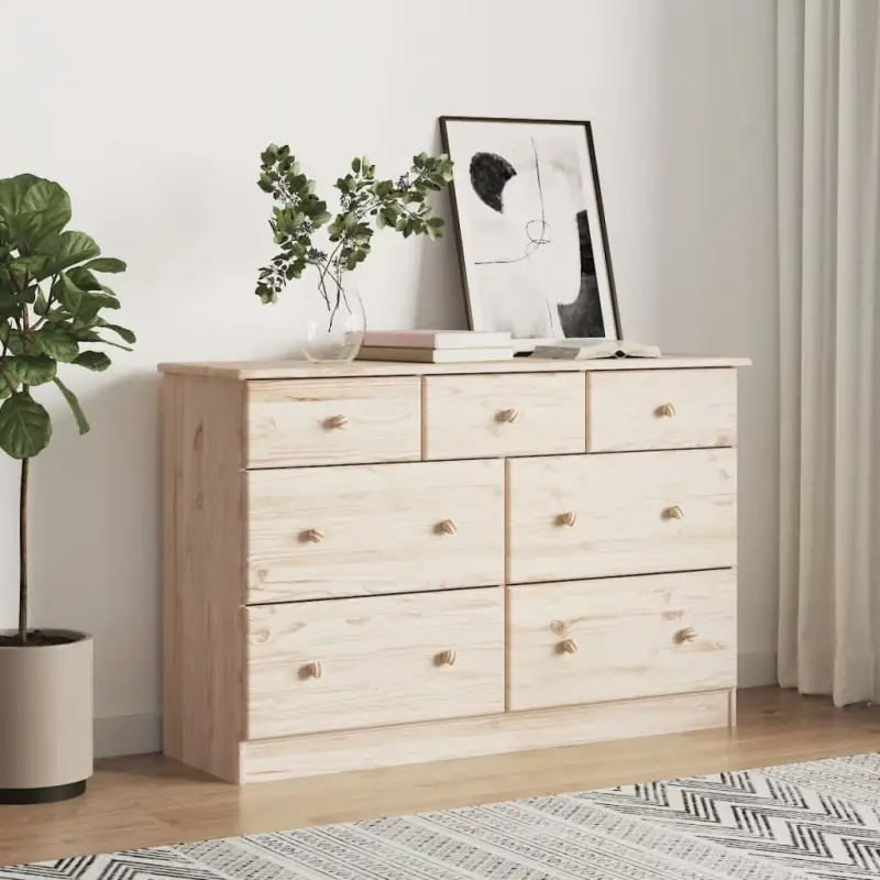 Houten ladekast van massief grenenhout met afmetingen kleine en grote lade