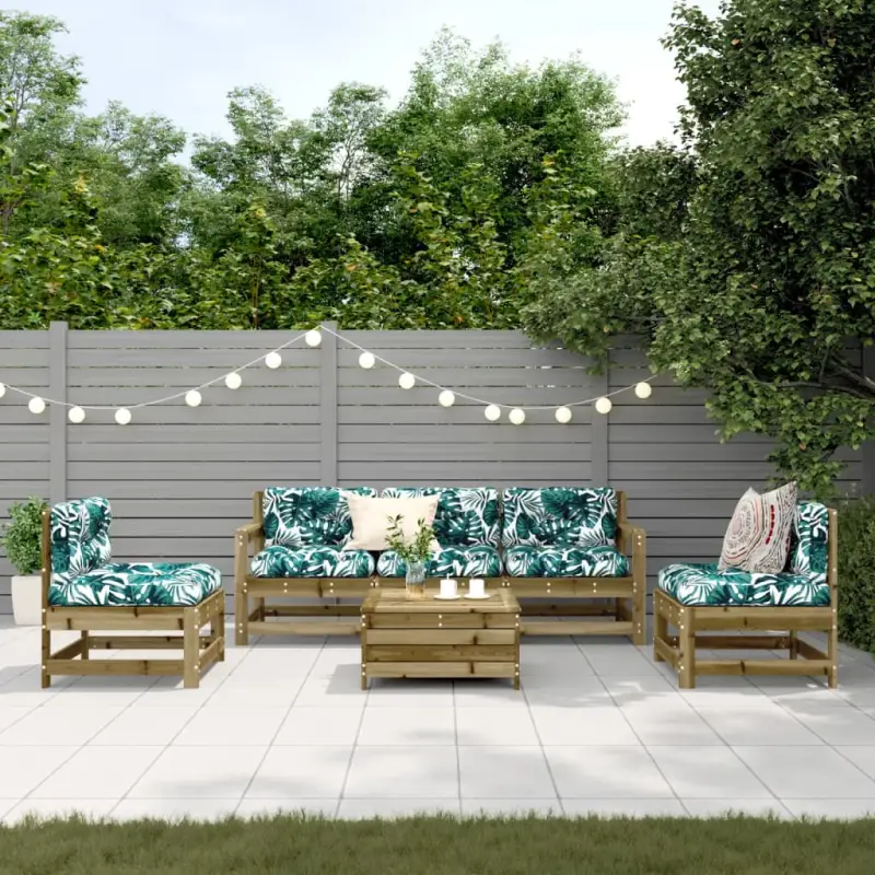 Houten loungeset met gelat ontwerp en modulair concept in geïmpregneerd grenenhout
