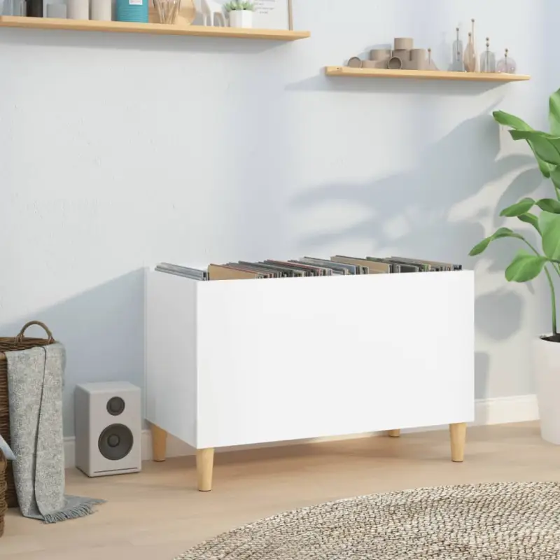 Houten platenkast met hoogglans wit afwerking en bewerkt hout