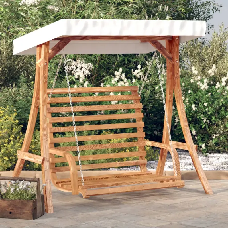 Houten schommelbank met luifel van massief vurenhout met teak afwerking