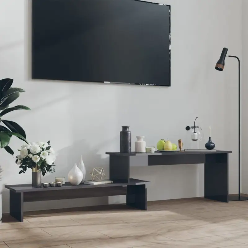 Industrieel TV-meubel in bewerkt hout en hoogglans grijs