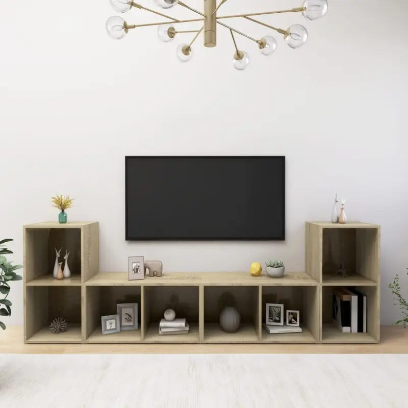 Klassieke tv-meubel in bewerkt hout met trendy en praktische uitstraling