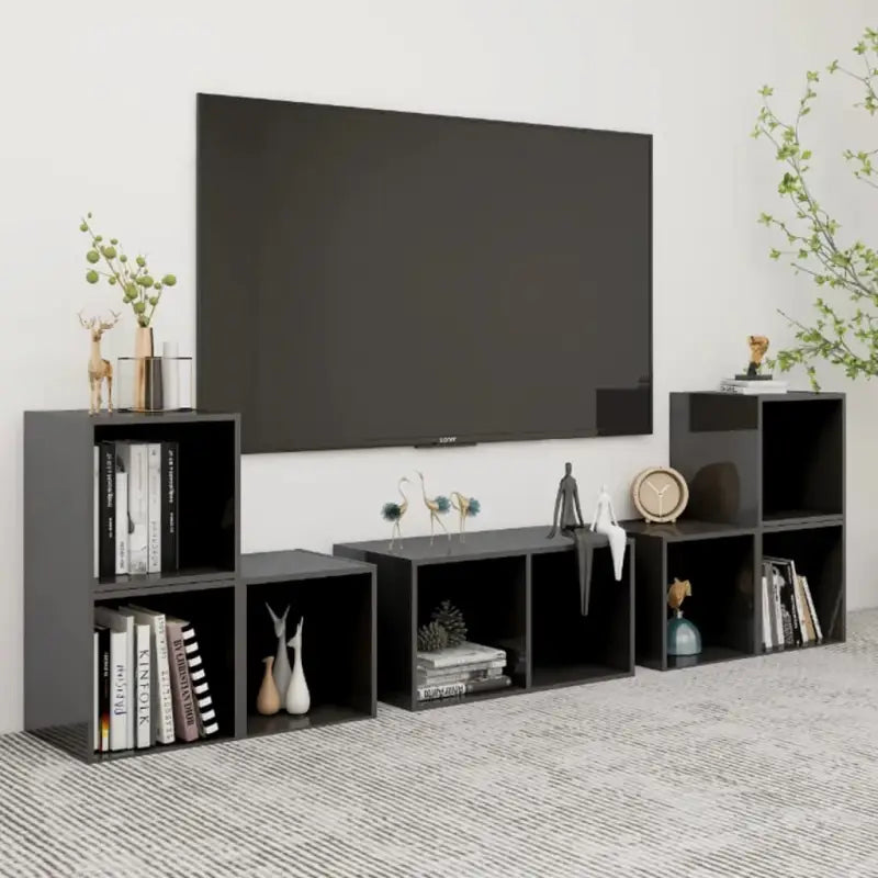 Klassieke Tv-meubels met hoogglans grijs en bewerkt hout design