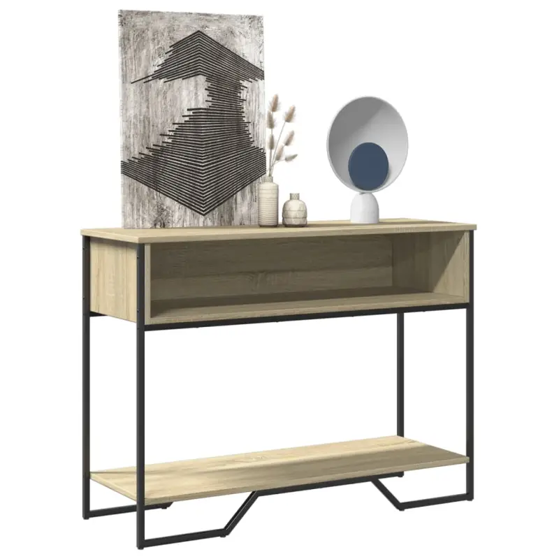 Klassieke wandtafel met bewerkt hout en metalen handgrepen