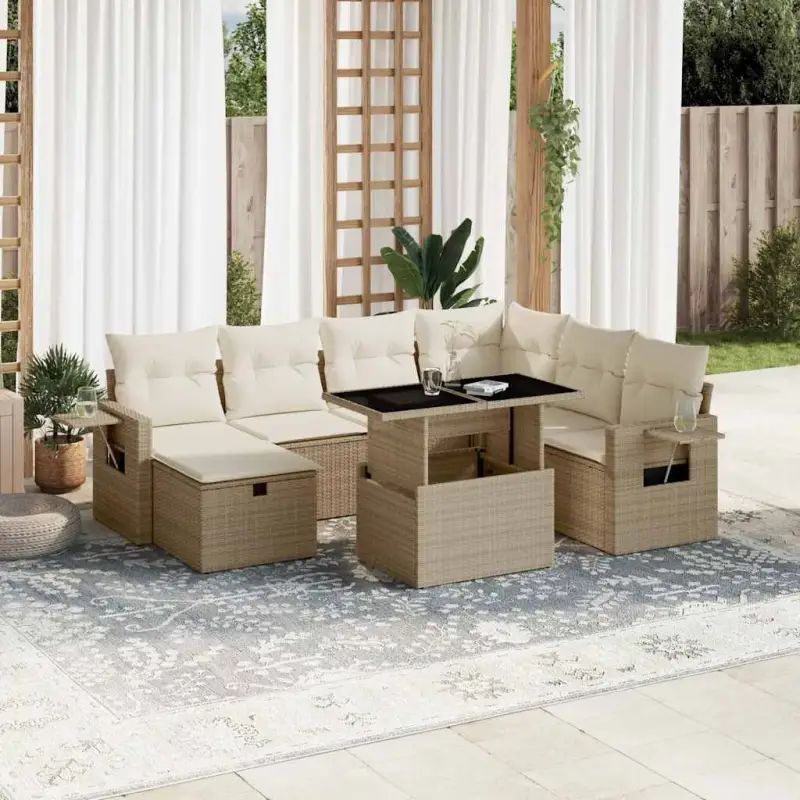 Lounge set in beige materiaal en gepoedercoat staal met afmetingen