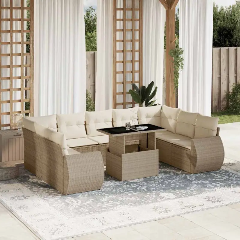 Lounge tuinset van beige materiaal en gepoedercoat staal met afmetingen