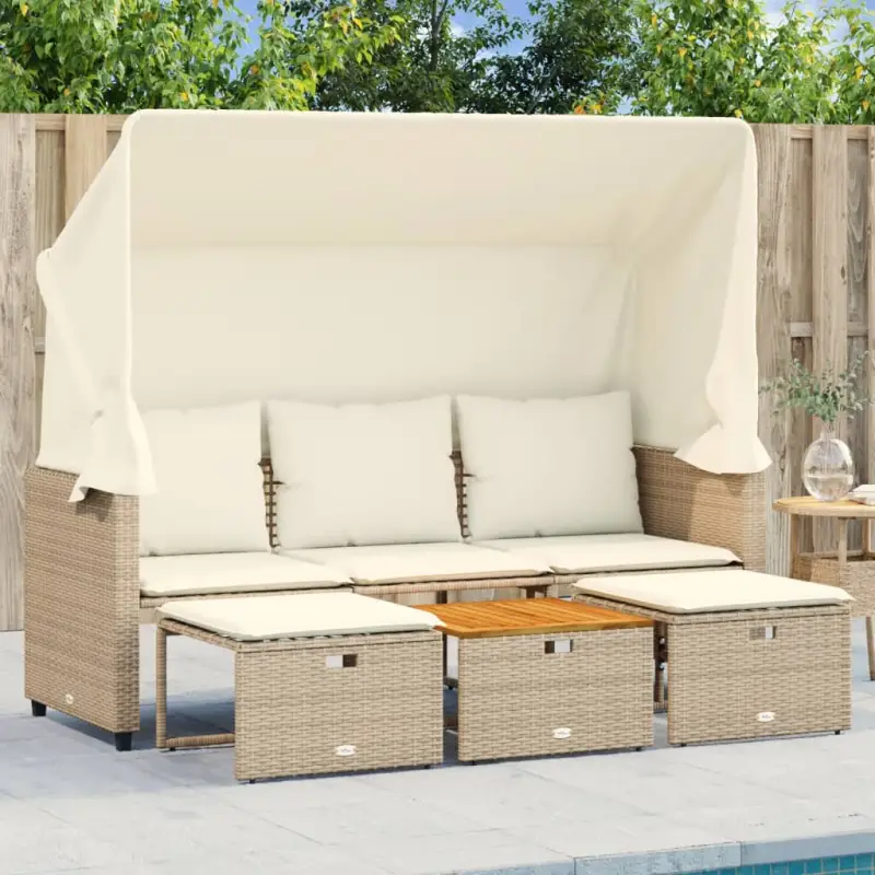 Loungebank met luifel en voetenbanken van poly rattan met gepoedercoat staal