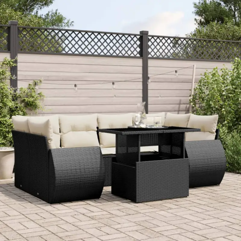 Loungeset van zwart materiaal en gepoedercoat staal voor buiten