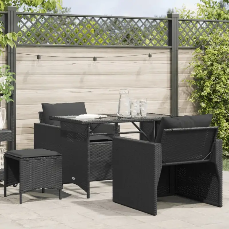 Loungetuinset in Zwart Materiaal met Poly Rattan en Gepoedercoat Staal