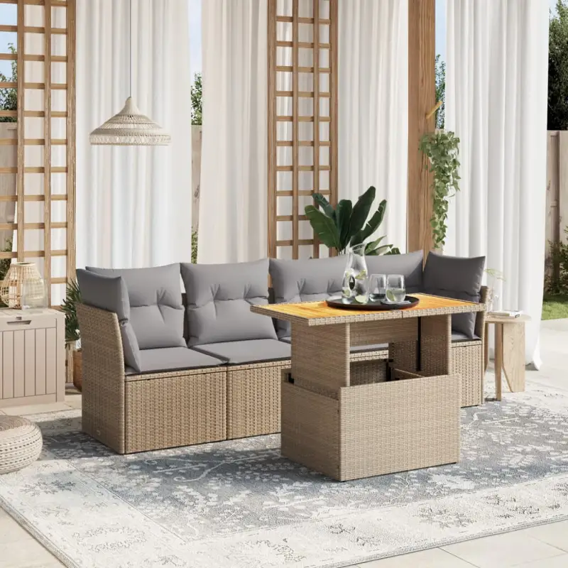 Loungetuinset van beige materiaal en gepoedercoat staal met afmetingen