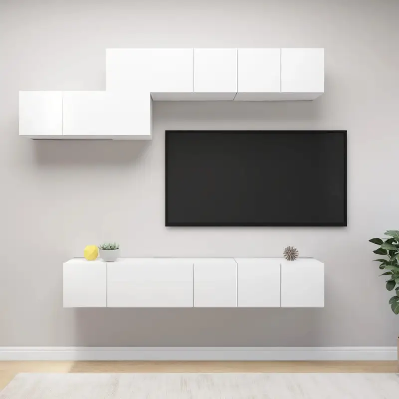 Moderne hangende tv-meubelset in bewerkt hout met opbergruimte