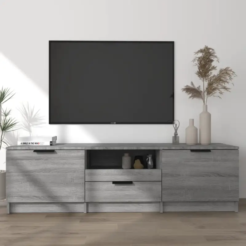 Moderne Tv-meubel in bewerkt hout met stevig blad en grijs sonoma afwerking