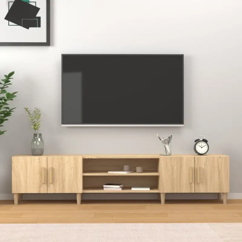 Moderne tv-meubel met bewerkt hout en houten poten voor strak interieur