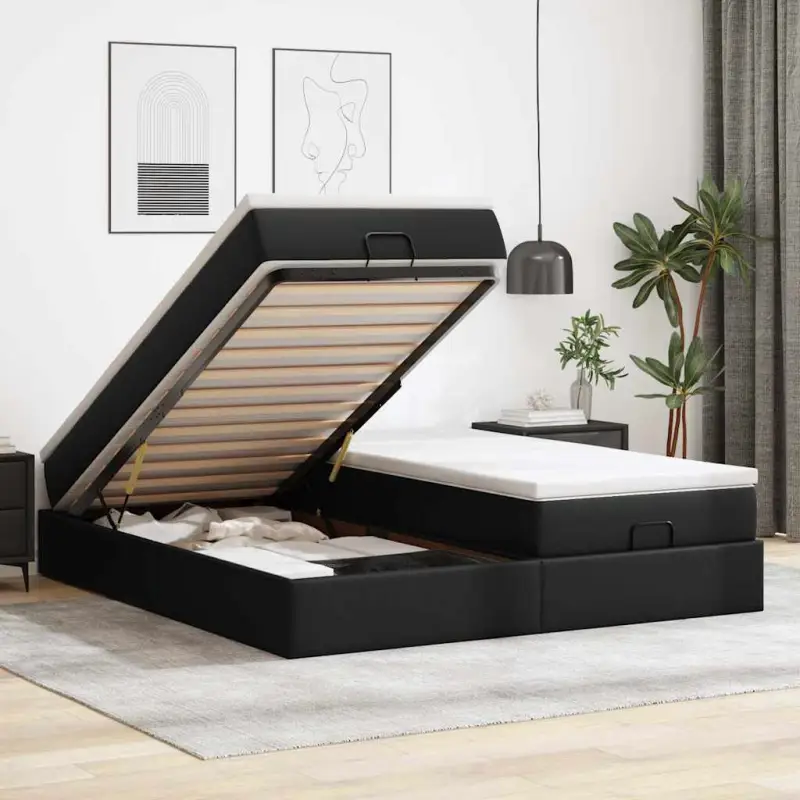 Ottomaanse bed met ruime opbergruimte en zwart materiaal