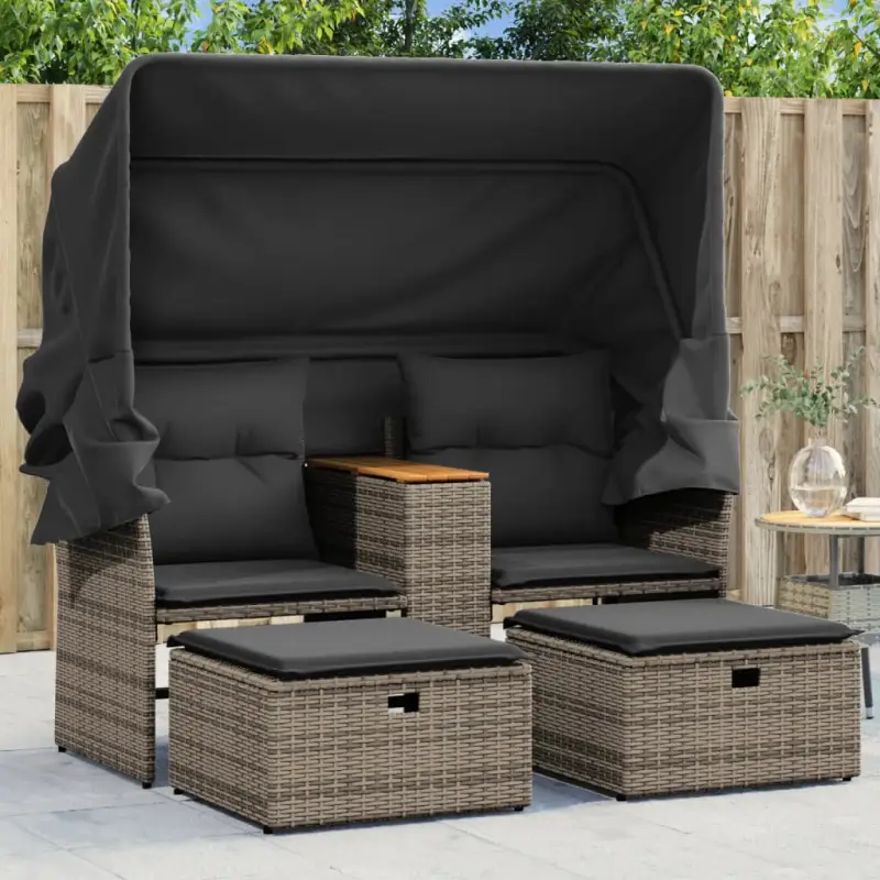 Poly Rattan Loungeset met Uitschuifbare Luifel en Wasbare Hoes