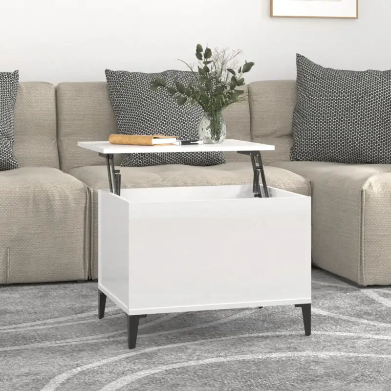 Salontafel Hoogglans Wit met Lift-Top in Bewerk Hout