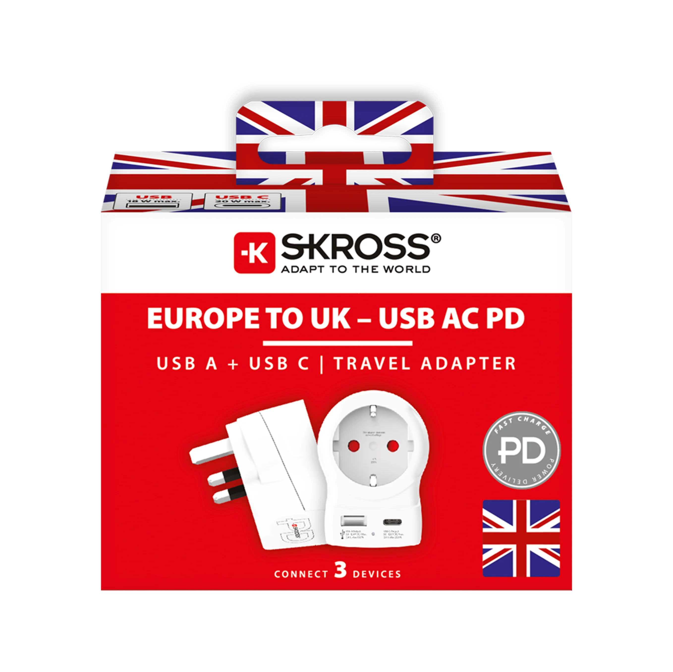 SKROSS Europa naar UK Reisadapter & USB/USB-C 20W Charger