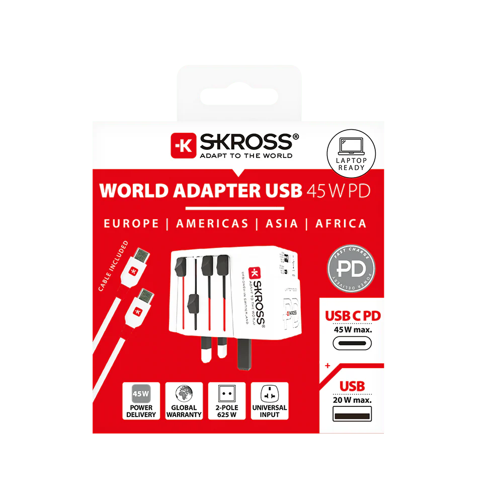 SKROSS Wereld Reisadapter & USB/USB-C 45W Charger + Kabel