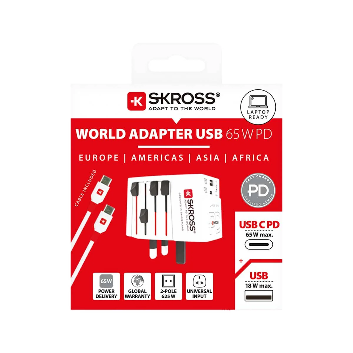 SKROSS Wereld Reisadapter & USB/USB-C 65W Charger + Kabel