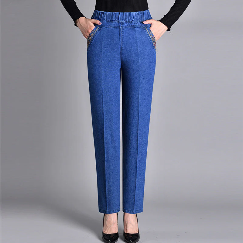 FlexiDenim Damesjeans – Elastische Taille met Zijzakken en Rechte Pasvorm