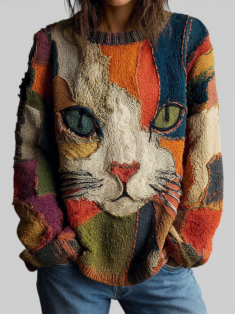 Artistieke Dames Top met Kattenprint en Bohemische Uitstraling